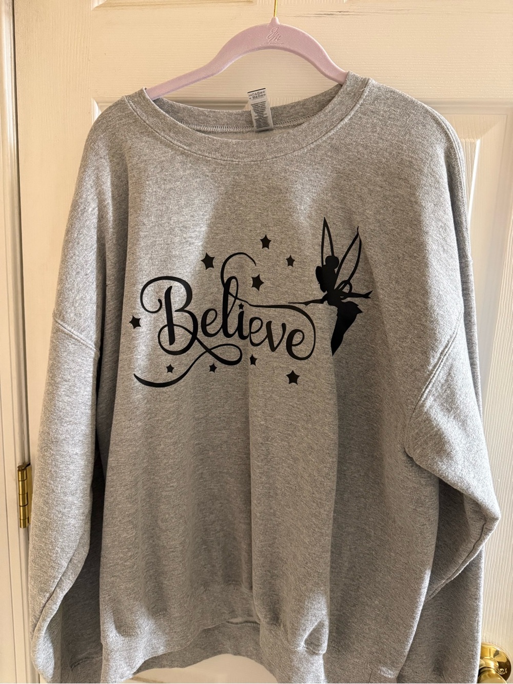 Gildan Gray Crewneck Sweatshirt with 'Believe' Fairy Graphic